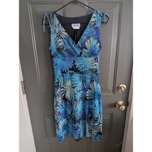 Byer Too! Y2K Vintage Blue Tropical Palm Print Glitter Tie Shoulder Dress Medium